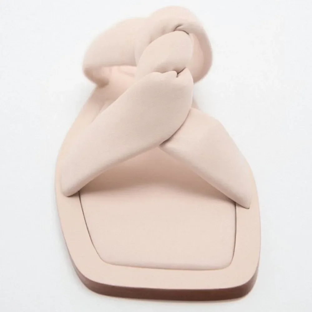 Zara Off White Crème Pink Flat Leather Sandals Shoes Size 8 - Picture 3 of 9